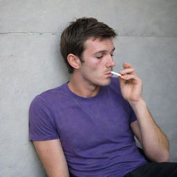 A 25-year-old man wearing a purple t-shirt and black pants, sitting behind a wall and smoking a cigarette, with a pronounced red rash on his face.