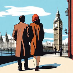 A man with brown hair wearing a black suit and a woman with red hair wearing a brown coat are standing with their backs turned to the viewer in London