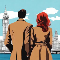 A man with brown hair wearing a black suit and a woman with red hair wearing a brown coat are standing with their backs turned to the viewer in London