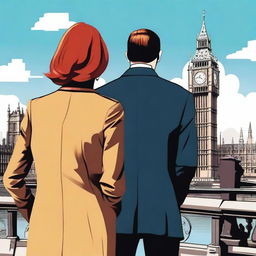 A man with brown hair wearing a black suit and a woman with red hair wearing a brown coat are standing with their backs turned to the viewer in London