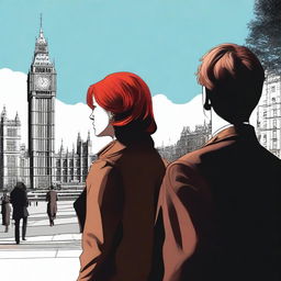 A man with brown hair wearing a black suit and a woman with red hair wearing a brown coat are standing with their backs turned to the viewer in London