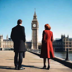 A man with brown hair wearing a black suit and a woman with red hair wearing a brown coat are standing with their backs turned to the viewer in London