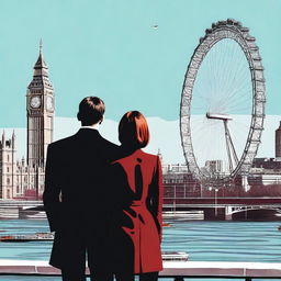 A man with brown hair wearing a black suit and a woman with red hair wearing a brown coat are standing with their backs turned to the viewer in London