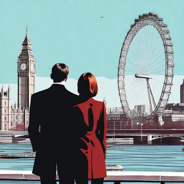 A man with brown hair wearing a black suit and a woman with red hair wearing a brown coat are standing with their backs turned to the viewer in London