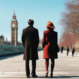 A man with brown hair wearing a black suit and a woman with red hair wearing a brown coat are standing with their backs turned to the viewer in London