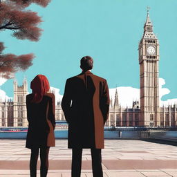 A man with brown hair wearing a black suit and a woman with red hair wearing a brown coat are standing with their backs turned to the viewer in London