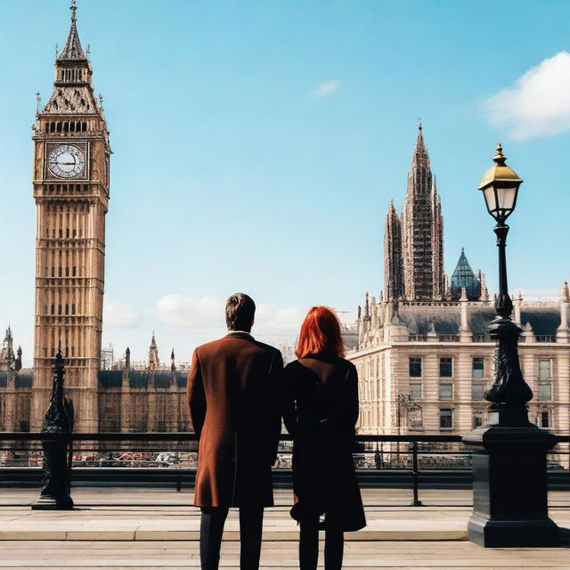 A man with brown hair wearing a black suit and a woman with red hair wearing a brown coat are standing with their backs turned to the viewer in London