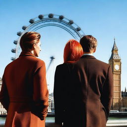 A man with brown hair wearing a black suit and a woman with red hair wearing a brown coat are standing with their backs turned to the viewer in London