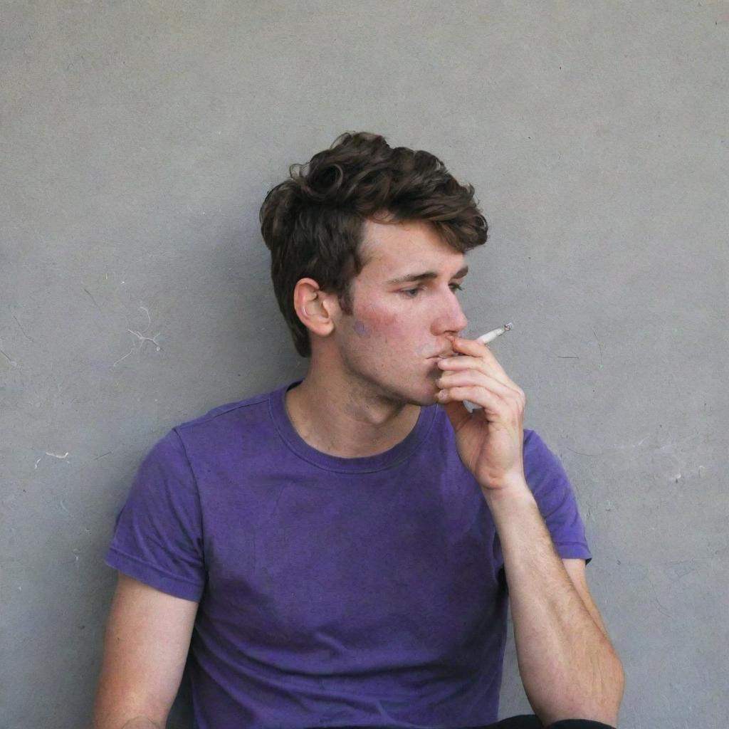 A 25-year-old man wearing a purple t-shirt and black pants, sitting behind a wall and smoking a cigarette, with a pronounced red rash on his face.