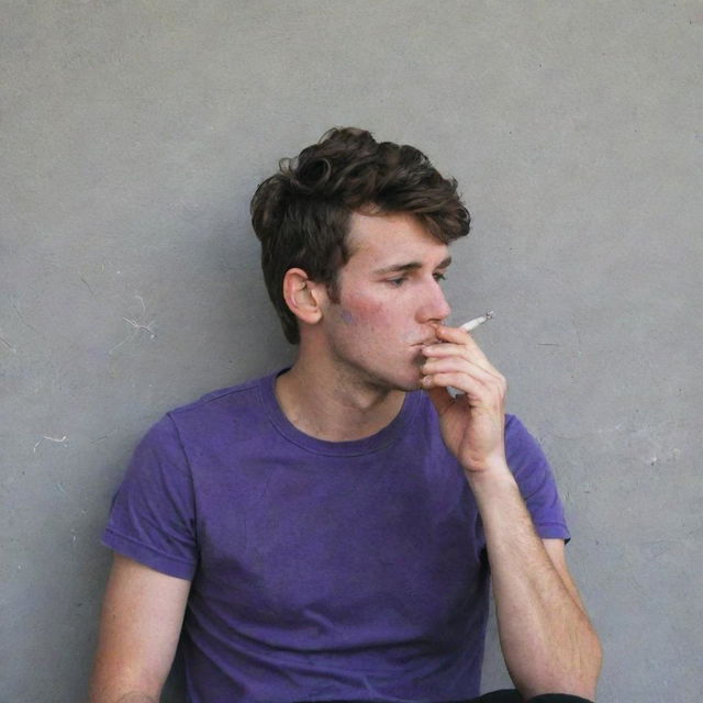 A 25-year-old man wearing a purple t-shirt and black pants, sitting behind a wall and smoking a cigarette, with a pronounced red rash on his face.