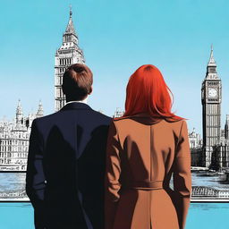 A man with brown hair wearing a black suit and a woman with red hair wearing a brown coat are standing with their backs turned to the viewer in London