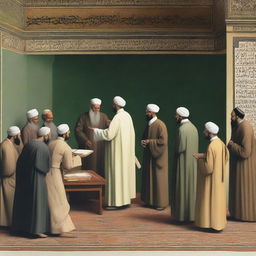 A scene depicting a group of scholars engaged in a heated debate over the interpretation of Islamic texts