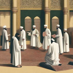 A scene depicting a group of scholars engaged in a heated debate over the interpretation of Islamic texts