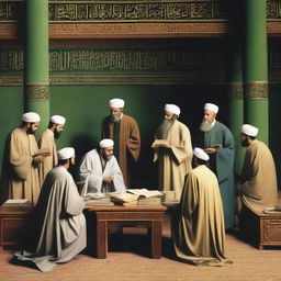 A scene depicting a group of scholars engaged in a heated debate over the interpretation of Islamic texts