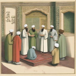 A scene depicting a group of scholars engaged in a heated debate over the interpretation of Islamic texts