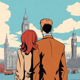 A man with brown hair wearing a black suit and a woman with red hair wearing a brown coat are standing with their backs turned to the viewer in London