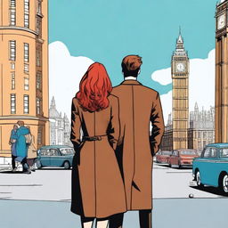 A man with brown hair wearing a black suit and a woman with red hair wearing a brown coat are standing with their backs turned to the viewer in London