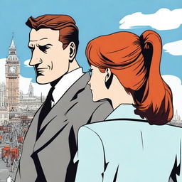 A man with brown hair wearing a black suit and a woman with red hair wearing a brown coat are standing with their backs turned to the viewer in London