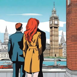 A man with brown hair wearing a black suit and a woman with red hair wearing a brown coat are standing with their backs turned to the viewer in London