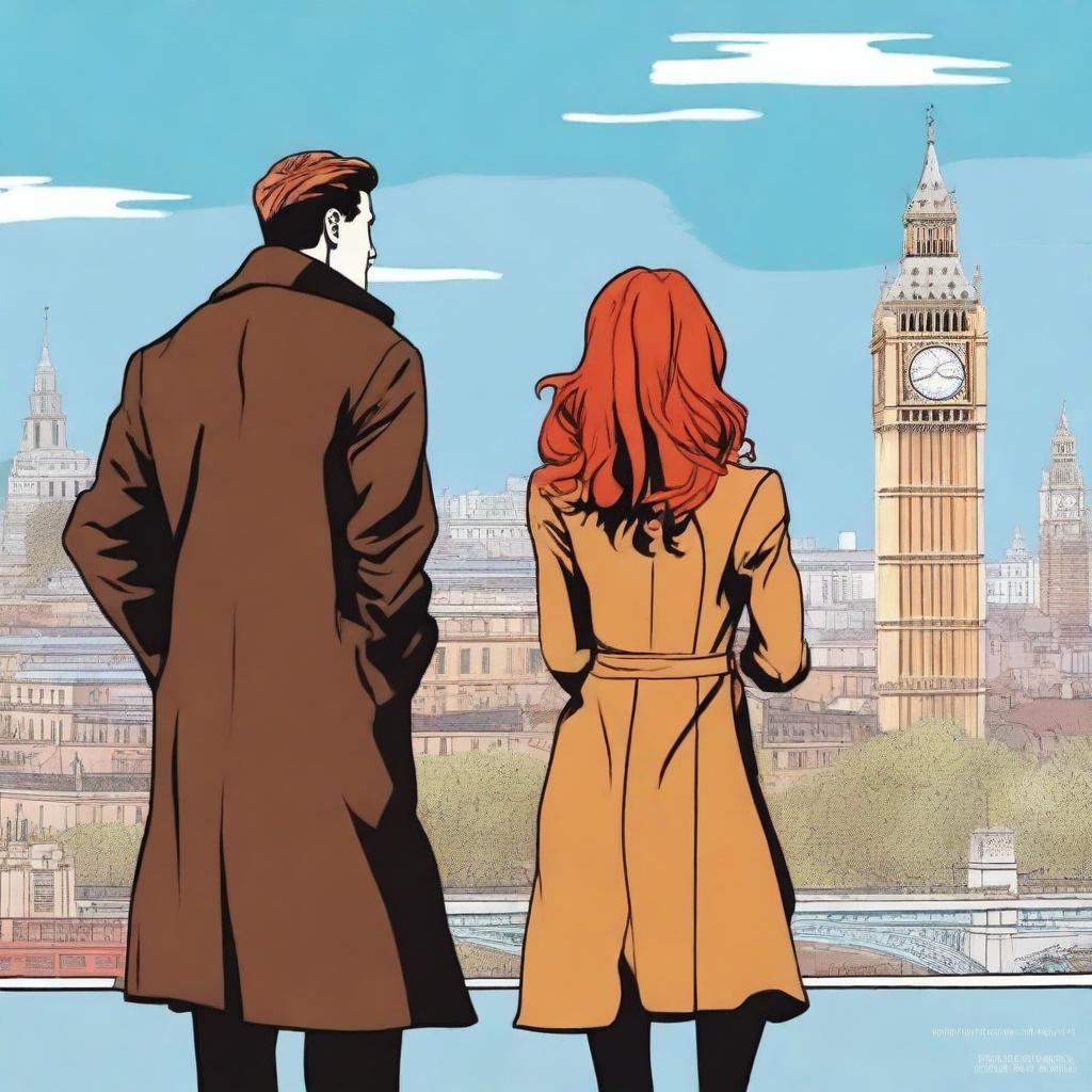 A man with brown hair wearing a black suit and a woman with red hair wearing a brown coat are standing with their backs turned to the viewer in London