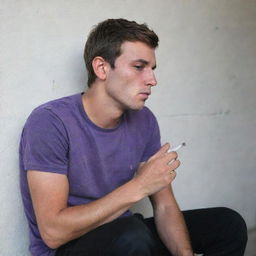 A 25-year-old man wearing a purple t-shirt and black pants, sitting behind a wall and smoking a cigarette, with a pronounced red rash on his face.