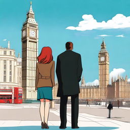 A man with brown hair wearing a black suit and a woman with red hair wearing a brown coat are standing with their backs turned to the viewer in London