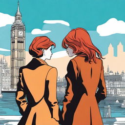 A man with brown hair wearing a black suit and a woman with red hair wearing a brown coat are standing with their backs turned to the viewer in London