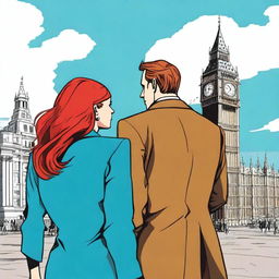 A man with brown hair wearing a black suit and a woman with red hair wearing a brown coat are standing with their backs turned to the viewer in London