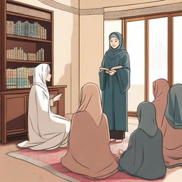 An illustration of an Islamic scholar providing suggestions about women wearing hijab