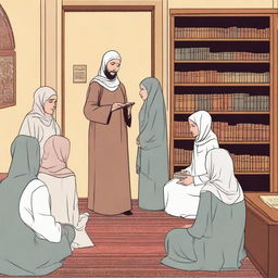 An illustration of an Islamic scholar providing suggestions about women wearing hijab