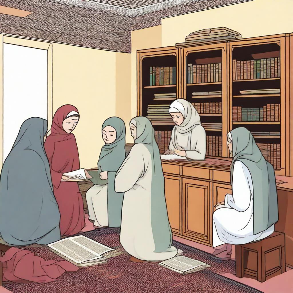 An illustration of an Islamic scholar providing suggestions about women wearing hijab