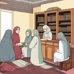 An illustration of an Islamic scholar providing suggestions about women wearing hijab