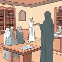 An illustration of an Islamic scholar providing suggestions about women wearing hijab