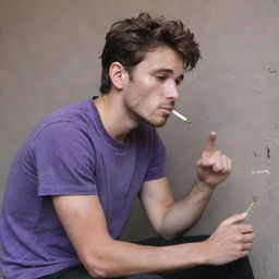 A messy-looking 25-year-old man in a purple t-shirt and black pants, smoking a cigarette while sitting behind a wall, complexion marred by dirt.