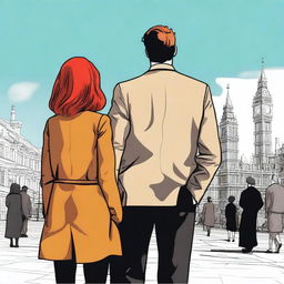 A man with brown hair wearing a black suit and a woman with red hair wearing a brown coat are standing with their backs turned to the viewer in London