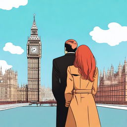 A man with brown hair wearing a black suit and a woman with red hair wearing a brown coat are standing with their backs turned to the viewer in London