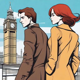 A man with brown hair wearing a black suit and a woman with red hair wearing a brown coat are standing with their backs turned to the viewer in London