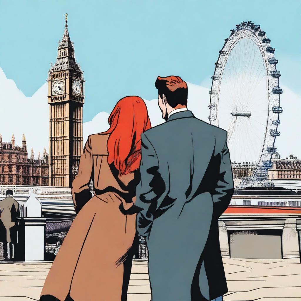 A man with brown hair wearing a black suit and a woman with red hair wearing a brown coat are standing with their backs turned to the viewer in London