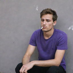 A messy-looking 25-year-old man in a purple t-shirt and black pants, smoking a cigarette while sitting behind a wall, complexion marred by dirt.