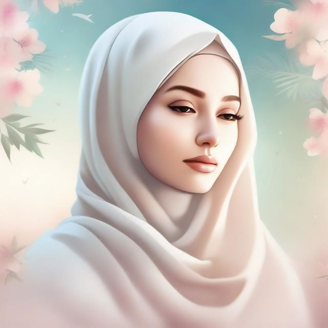 A serene and beautiful illustration of a woman wearing a hijab, symbolizing her journey towards Jannah (paradise)