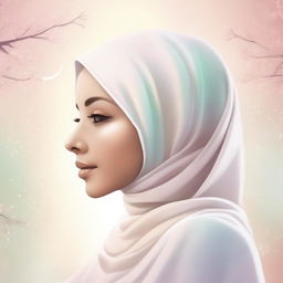 A serene and beautiful illustration of a woman wearing a hijab, symbolizing her journey towards Jannah (paradise)