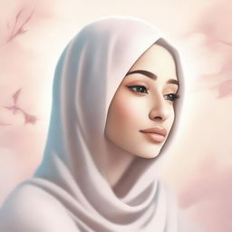 A serene and beautiful illustration of a woman wearing a hijab, symbolizing her journey towards Jannah (paradise)