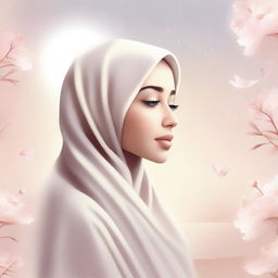 A serene and beautiful illustration of a woman wearing a hijab, symbolizing her journey towards Jannah (paradise)