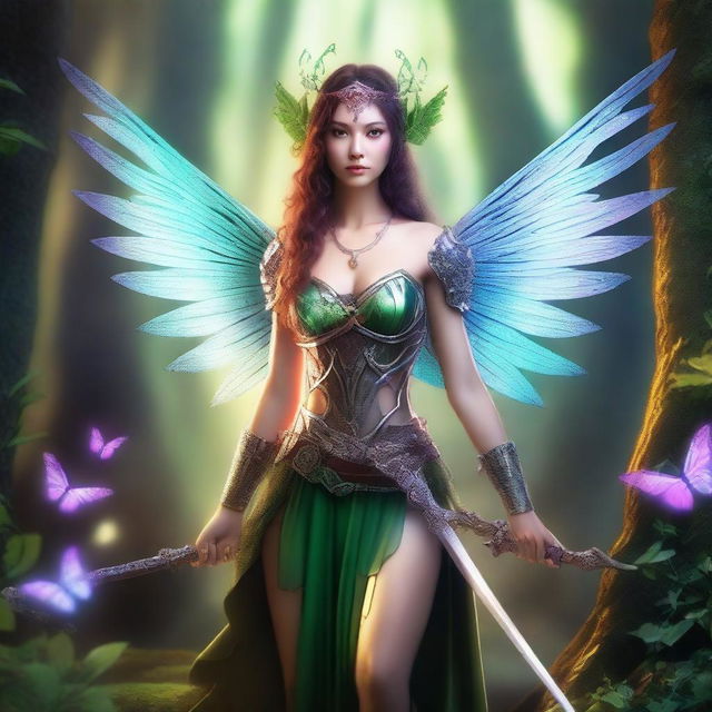 A fairy warrior standing in an enchanted forest, with delicate wings and a fierce expression, holding a small sword