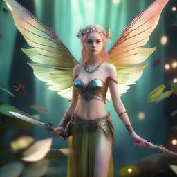 A fairy warrior standing in an enchanted forest, with delicate wings and a fierce expression, holding a small sword