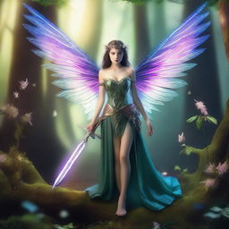 A fairy warrior standing in an enchanted forest, with delicate wings and a fierce expression, holding a small sword