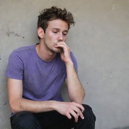 A messy-looking 25-year-old man in a purple t-shirt and black pants, smoking a cigarette while sitting behind a wall, complexion marred by dirt.