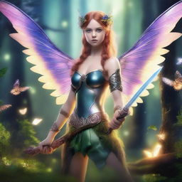 A fairy warrior standing in an enchanted forest, with delicate wings and a fierce expression, holding a small sword