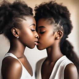 Two black girls sharing a tender kiss