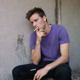 A messy-looking 25-year-old man in a purple t-shirt and black pants, smoking a cigarette while sitting behind a wall, complexion marred by dirt.